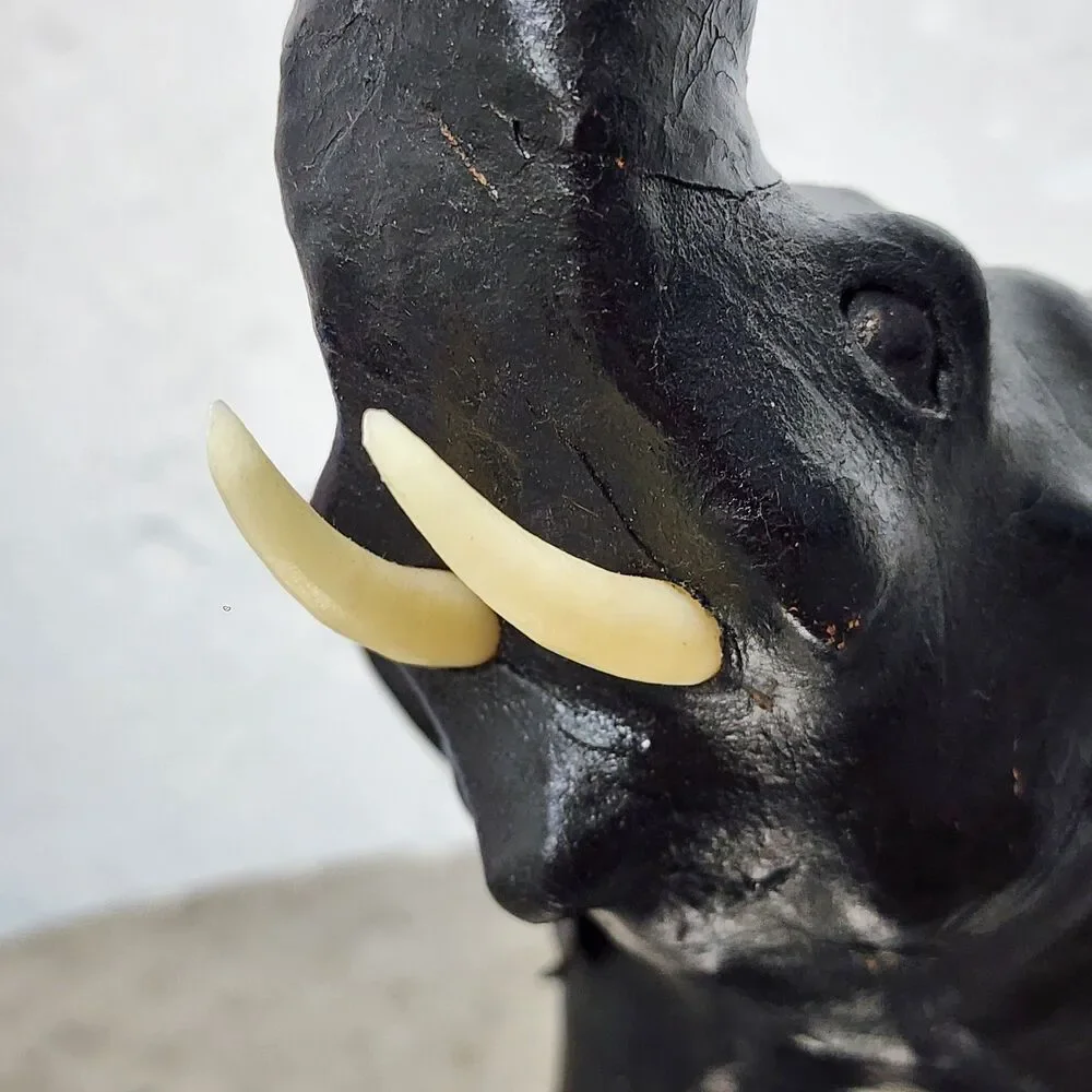 Vtg Black Leather Wrapped Elephant Statue Figurine Trunk Up MCM Safari Decor 11